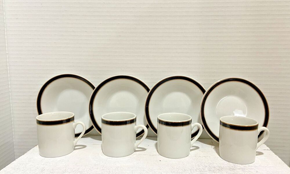 Hues ‘n Brews Demitasse/Espresso Cups & Saucers Set Of 4 Japan Black/Gold Trim